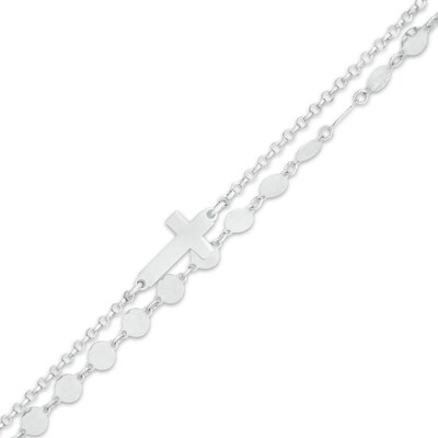 Sideways Cross and Mini Disc Double Strand Anklet in Sterling Silver - 10"