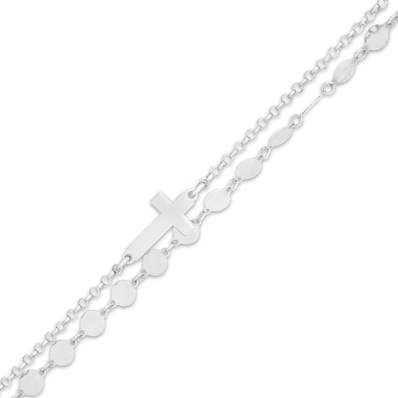 Sideways Cross and Mini Disc Double Strand Anklet in Sterling Silver - 10"