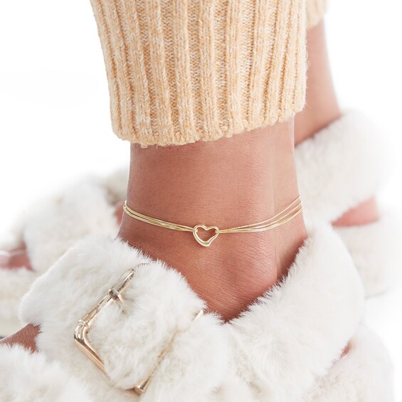 10K Solid Gold Heart Outline Multi-Strand Anklet Made in Italy