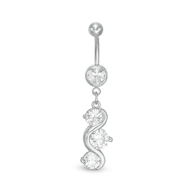 014 Gauge Cubic Zirconia Wave Dangle Belly Button Ring in Stainless Steel
