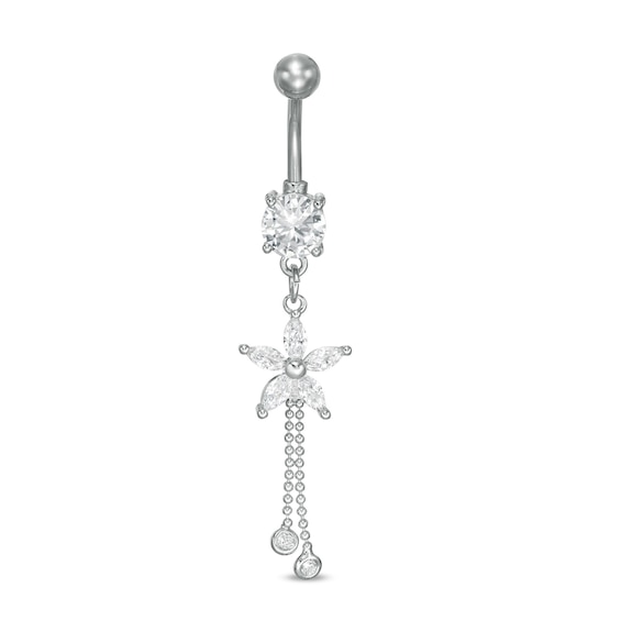 Solid Stainless Steel CZ Marquise and Round Flower Dangle Belly Button Ring - 14G