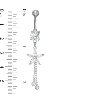 Solid Stainless Steel CZ Marquise and Round Flower Dangle Belly Button Ring - 14G