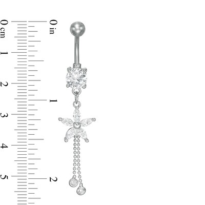 Solid Stainless Steel CZ Marquise and Round Flower Dangle Belly Button Ring - 14G