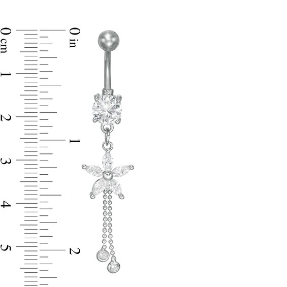 Solid Stainless Steel CZ Marquise and Round Flower Dangle Belly Button Ring - 14G