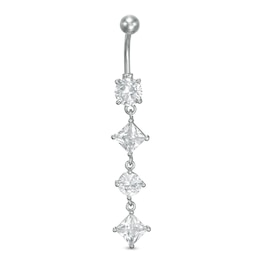 014 Gauge Princess-Cut and Round Cubic Zirconia Alternating Dangle Belly Button Ring in Stainless Steel