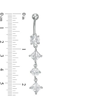 014 Gauge Princess-Cut and Round Cubic Zirconia Alternating Dangle Belly Button Ring in Stainless Steel