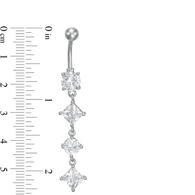 014 Gauge Princess-Cut and Round Cubic Zirconia Alternating Dangle Belly Button Ring in Stainless Steel