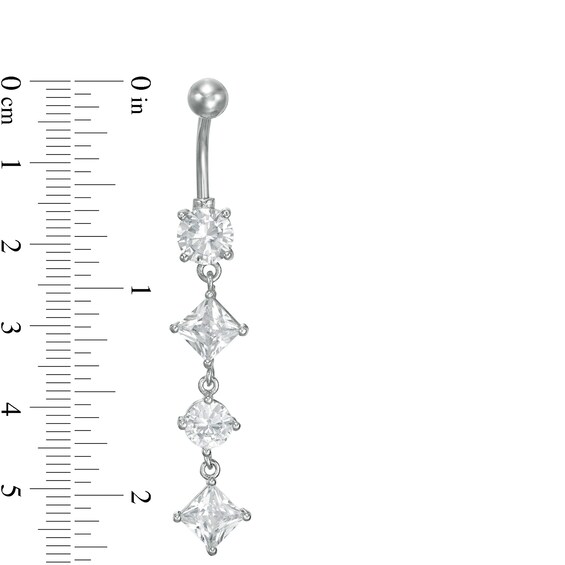 014 Gauge Princess-Cut and Round Cubic Zirconia Alternating Dangle Belly Button Ring in Stainless Steel