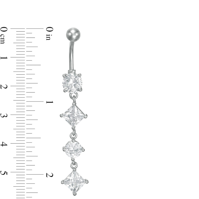 Main Image 2 of 014 Gauge Princess-Cut and Round Cubic Zirconia Alternating Dangle Belly Button Ring in Stainless Steel
