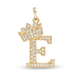 Cubic Zirconia &quot;E&quot; Initial with Crown Necklace Charm in 10K Solid Gold