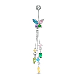 014 Gauge Multi-Color Cubic Zirconia Butterfly with Triple Dangle Belly Button Ring in Solid Stainless Steel and Brass