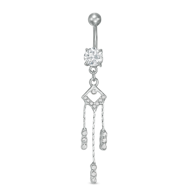 Stainless Steel and Zinc Alloy CZ and Crystal Geometric Triple Dangle Belly Button Ring - 14G