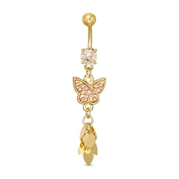 014 Gauge Champagne Cubic Zirconia and Crystal Butterfly Belly Button Ring in Solid Stainless Steel with Yellow IP and Brass