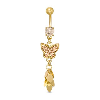 Solid Yellow IP Stainless Steel Champagne CZ and Crystal Butterfly Belly Button Ring - 14G 3/8"