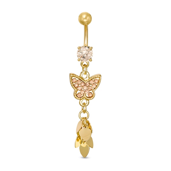 Yellow Ion Plated Champagne CZ and Crystal Butterfly Belly Button Ring - 14G 3/8"