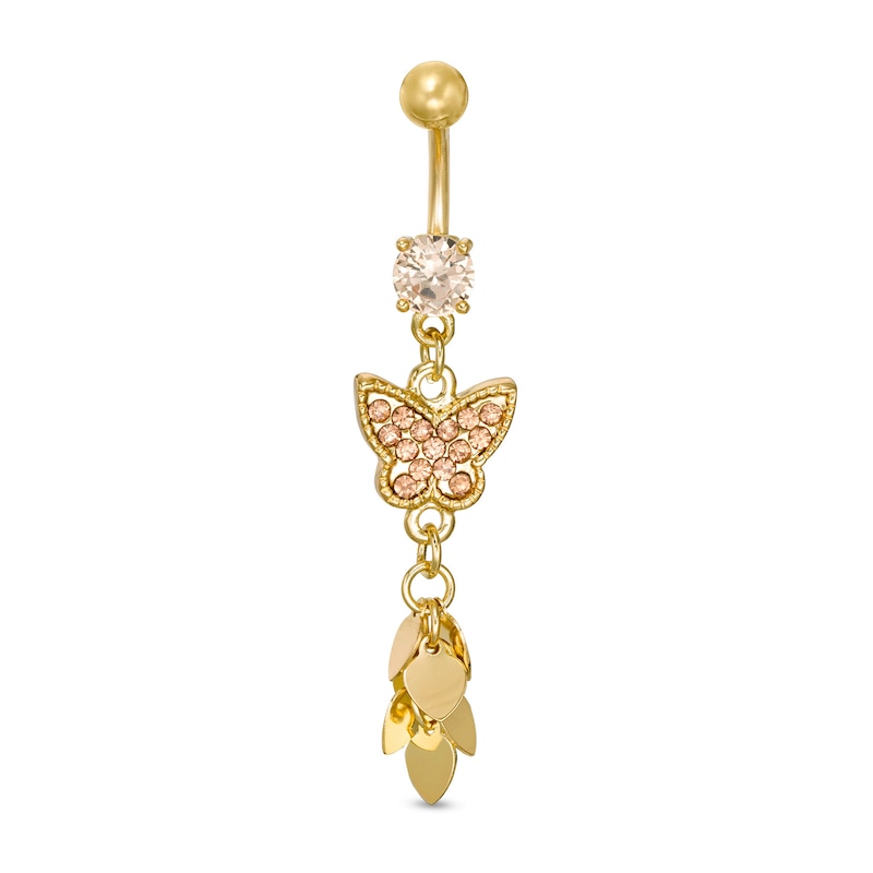 Yellow Ion Plated Champagne CZ and Crystal Butterfly Belly Button Ring - 14G 3/8"