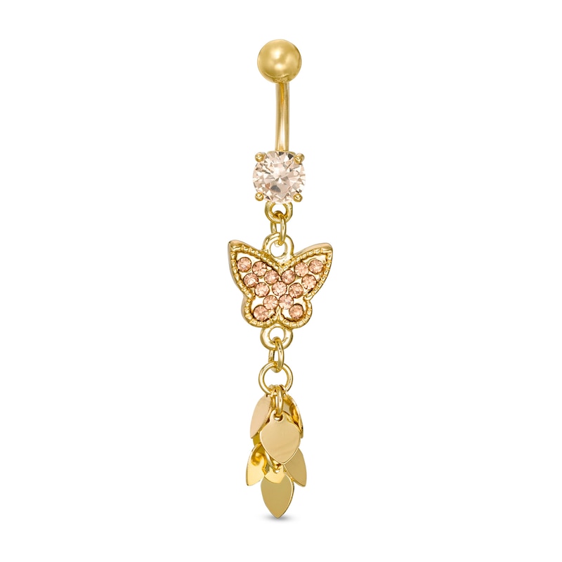 Solid Yellow IP Stainless Steel Champagne CZ and Crystal Butterfly Belly Button Ring - 14G 3/8"