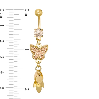 Solid Yellow IP Stainless Steel Champagne CZ and Crystal Butterfly Belly Button Ring - 14G 3/8"