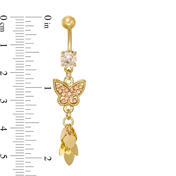 Solid Yellow IP Stainless Steel Champagne CZ and Crystal Butterfly Belly Button Ring - 14G 3/8"