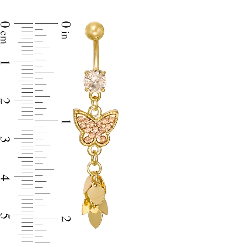 Yellow Ion Plated Champagne CZ and Crystal Butterfly Belly Button Ring - 14G 3/8"