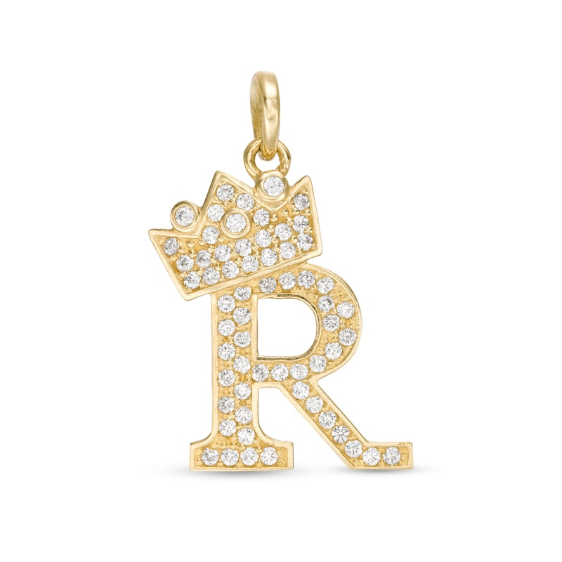 Cubic Zirconia "R" Initial with Crown Necklace Charm in 10K Solid Gold