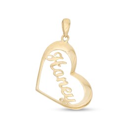 Cursive &quot;Honey&quot; Tilted Heart Outline Necklace Charm in 10K Solid Gold
