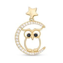 Black and White Cubic Zirconia Owl Outline Crescent Moon and Star Necklace Charm in 10K Solid Gold