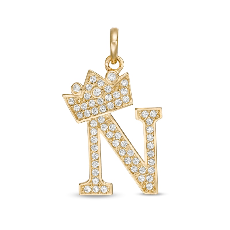 Main Image 1 of Cubic Zirconia "N" Initial with Crown Necklace Charm in 10K Solid Gold