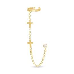 3mm Bezel-Set Cubic Zirconia Solitaire Stud with Double Cross Chain Cuff Earring in 10K Gold