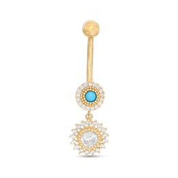 014 Gauge Simulated Turquoise and Cubic Zirconia Beaded Sunburst Dangle Belly Button Ring in 10K Gold