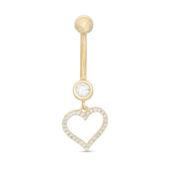 014 Gauge Cubic Zirconia Heart Outline Dangle Belly Button Ring in 10K Gold