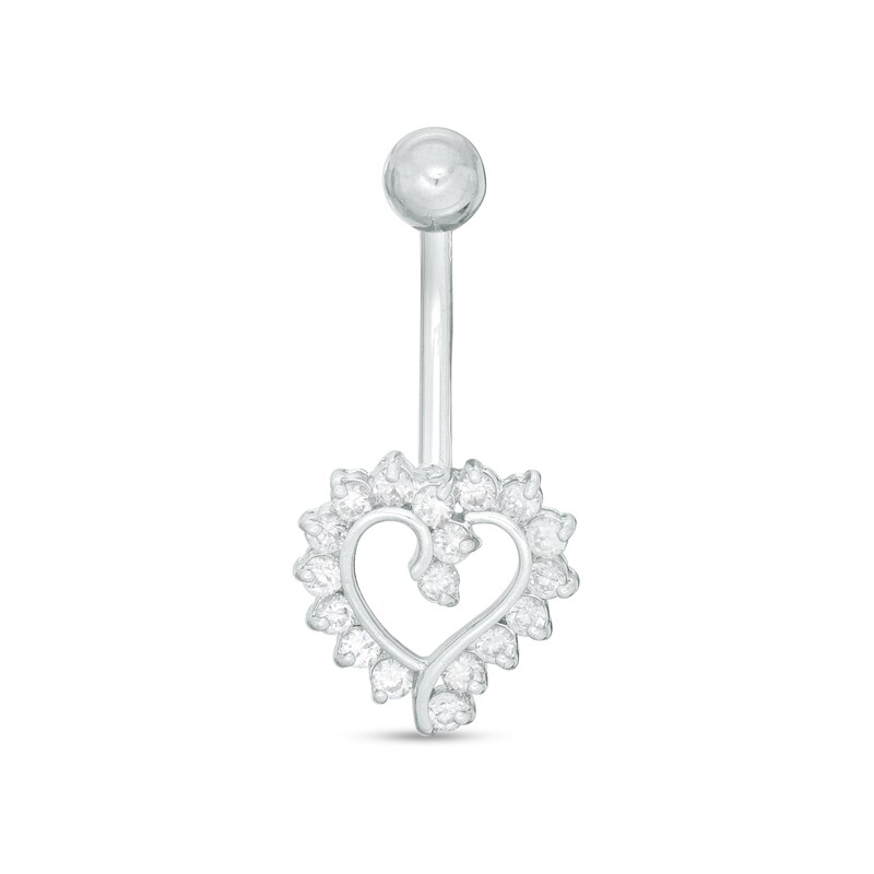 014 Gauge Cubic Zirconia Shadow Heart Belly Button Ring in 14K White Gold