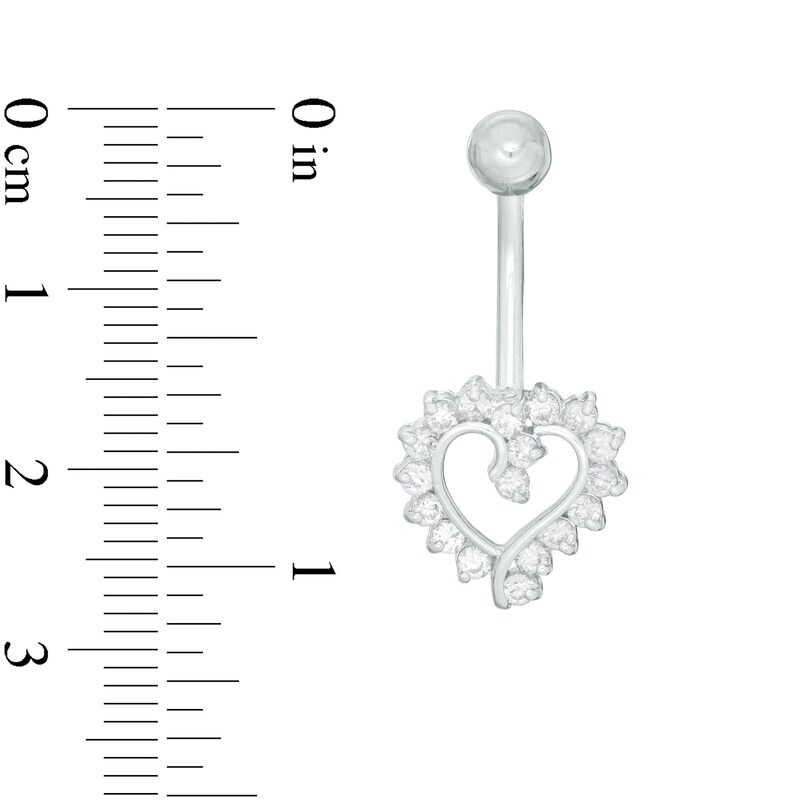 014 Gauge Cubic Zirconia Shadow Heart Belly Button Ring in 14K White Gold
