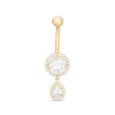 014 Gauge Pear-Shaped and Round Cubic Zirconia Frame Dangle Belly Button Ring in 10K Gold