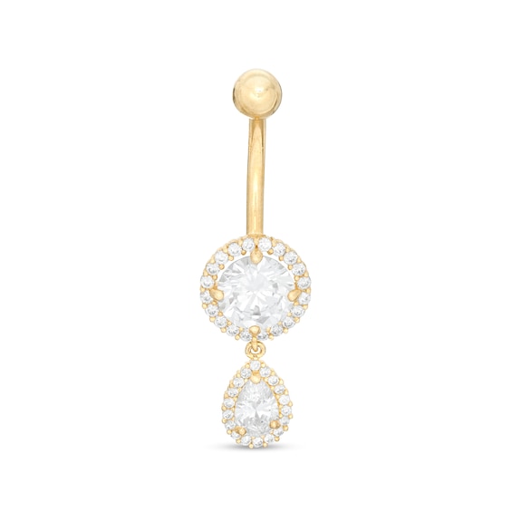 014 Gauge Pear-Shaped and Round Cubic Zirconia Frame Dangle Belly Button Ring in 10K Gold