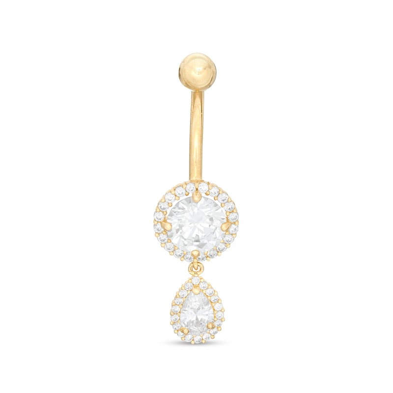 014 Gauge Pear-Shaped and Round Cubic Zirconia Frame Dangle Belly Button Ring in 10K Gold