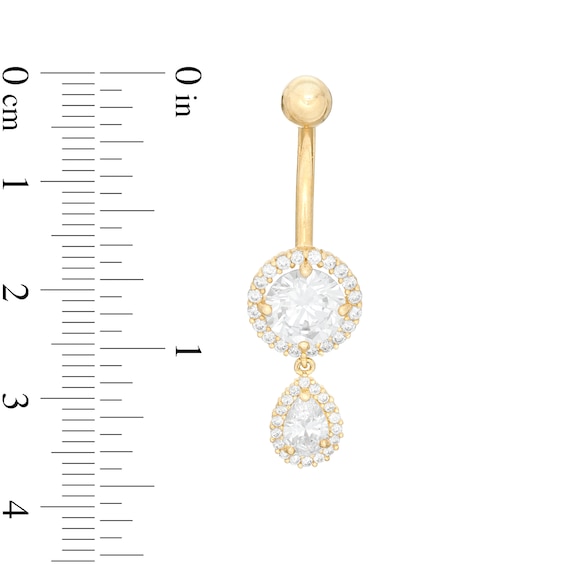 014 Gauge Pear-Shaped and Round Cubic Zirconia Frame Dangle Belly Button Ring in 10K Gold