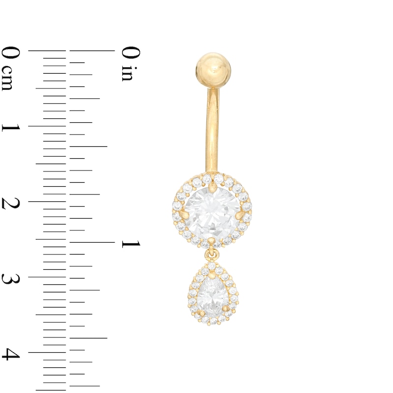 014 Gauge Pear-Shaped and Round Cubic Zirconia Frame Dangle Belly Button Ring in 10K Gold