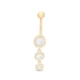 014 Gauge Cubic Zirconia Flower Graduated Trio Dangle Belly Button Ring in 10K Gold