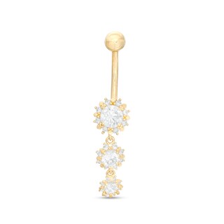 014 Gauge Cubic Zirconia Flower Graduated Trio Dangle Belly Button Ring in 10K Gold