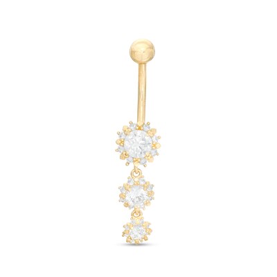 014 Gauge Cubic Zirconia Flower Graduated Trio Dangle Belly Button Ring in 10K Gold