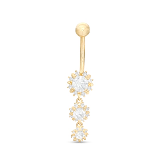 014 Gauge Cubic Zirconia Flower Graduated Trio Dangle Belly Button Ring in 10K Gold