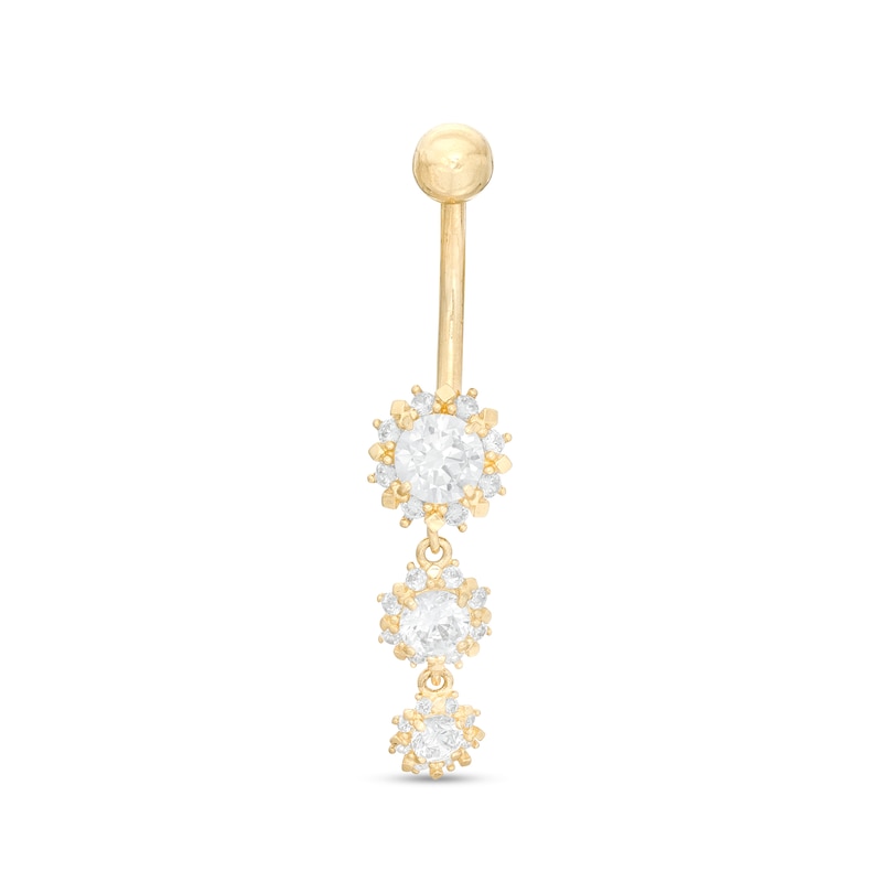014 Gauge Cubic Zirconia Flower Graduated Trio Dangle Belly Button Ring in 10K Gold