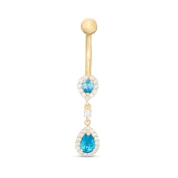 014 Gauge Pear-Shaped Blue and Round White Cubic ZIrconia Frame Double Teardrop Belly Button Ring in 10K Gold