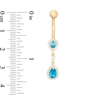 014 Gauge Pear-Shaped Blue and Round White Cubic ZIrconia Frame Double Teardrop Belly Button Ring in 10K Gold