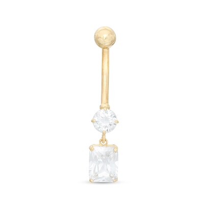 014 Gauge Emerald-Cut and Round Cubic Zirconia Dangle Belly Button Ring in 10K Gold