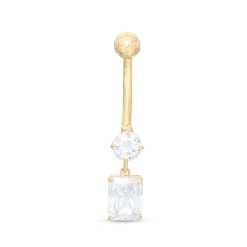 Main Image 1 of 014 Gauge Emerald-Cut and Round Cubic Zirconia Dangle Belly Button Ring in 10K Gold