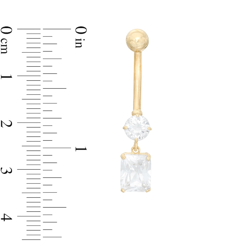 Main Image 2 of 014 Gauge Emerald-Cut and Round Cubic Zirconia Dangle Belly Button Ring in 10K Gold