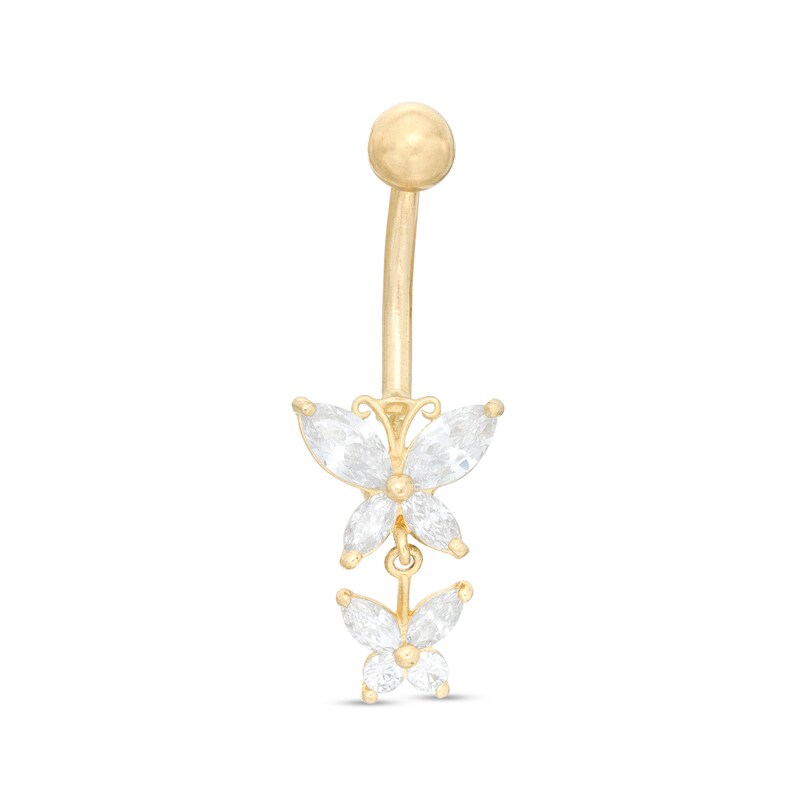 014 Gauge Marquise Cubic Zirconia Double Butterfly Dangle Belly Button Ring in 10K Gold