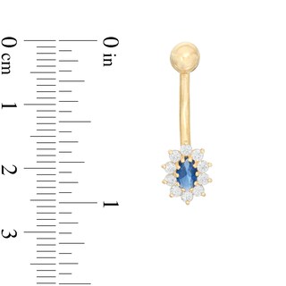 014 Gauge Oval Blue and Round White Cubic Zirconia Starburst Frame Belly Button Ring in 10K Gold